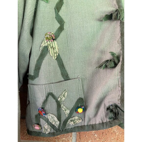 Handmade Green Boho Kimono Jacket With Colorful Patchwork Applique Details - Picture 4 of 13